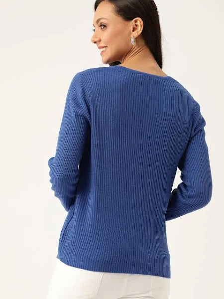 LUMINIX's - Women Blue Ribbed Pullover