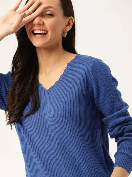LUMINIX's - Women Blue Ribbed Pullover