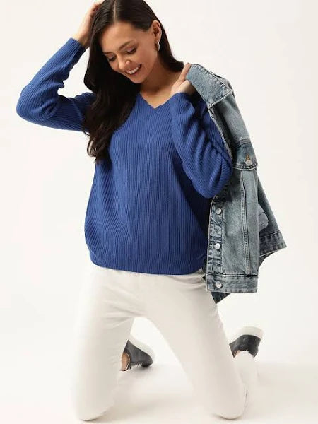 LUMINIX's - Women Blue Ribbed Pullover